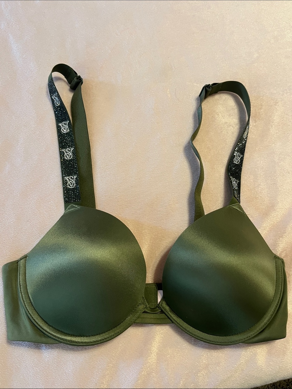 Victoria’s Secret rhinestone strap ‘very sexy’ push up bra in olive green shine